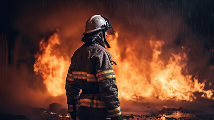 firefighter watching the fire, cinematic and professional shot, character centered, fire background, AI