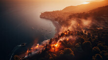 Dramatic Aerial View Of Wildfire In French Riviera: Homes Threatened By Flames, Fire Panorama, Sea, Realistic Illustration, AI 