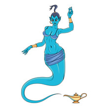 Genie Girl. Vector Illustration Of A Woman With Lamp. Flying Superheroine