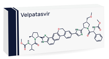 Canvas Print - Velpatasvir molecule. It is NS5A inhibitor used to treat chronic hepatitis C infections. Skeletal chemical formula. Paper packaging for drugs