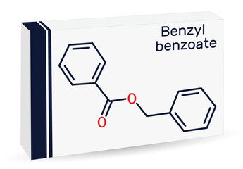 Poster - Benzyl benzoate molecule. It is topical treatment for scabies and lice. Skeletal chemical formula. Paper packaging for drugs.