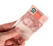 Hand Holding Brazilian Ten Reais Banknote. Png Transparent Background