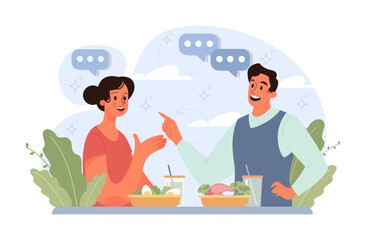 Wall Mural - People eating healthy food. Couple or friends eating dishes made