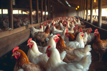 Wall Mural - Poultry farm broiler farm with a group of adult laying hens in a modern livestock farm of the parent stock. Generative AI