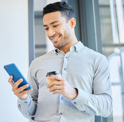 Poster - A break is good for the brain. a young businessman taking a break from work to send a text on his smartphone while drinking coffee.