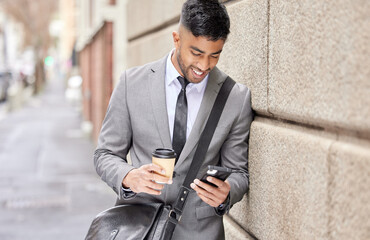Poster - Just the message hes been waiting for. a handsome young businessman traveling through the city on his morning commute into work.