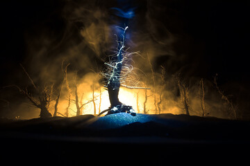 Wall Mural - spooky dark landscape showing silhouettes of trees in the swamp on misty night.