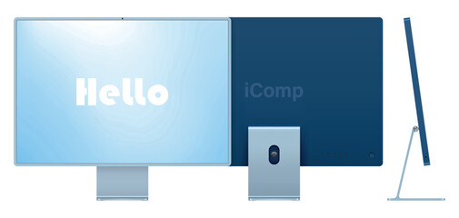 Poster - computer display blue color with colored screen front, back and side view isolated on white background. realistic and detailed mockup of monitor for system unit. vector illustration