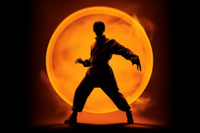 Martial Artist Silhouette In Kimono On Orange Sun With Flame. Kung Fu, Karate, Dojo, Aikido, Taekwondo Creative Ai Generative Art. Fight Pose