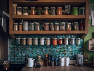 Sticker - A wooden shelf filled with jars and jars. AI generative image.