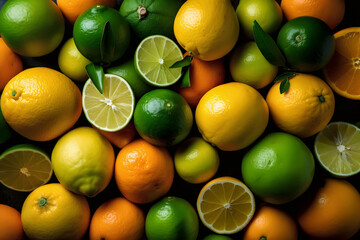 Wall Mural - Citrus background. Fresh citrus fruits - Lemons, oranges, limes, grapefruits. AI generated