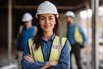 woman working on a construction site, construction hard hat and work vest, smirking, middle aged or 