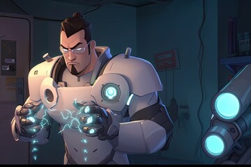 Poster - man holding a robot in a futuristic room. Generative AI
