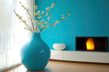 Poster - Beautiful Vase of Flowers Placed in Front of a Cozy Fireplace. Generative AI