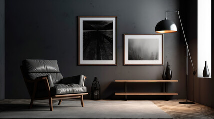 Wall Mural - Modern loft style living room interior with a black frame for a photo poster. Generative AI