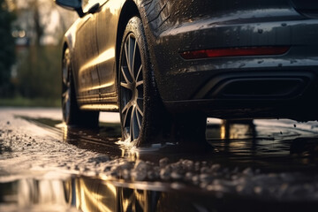 Wall Mural - Splashes and underside of a car wheel with selective focus and blurred background. AI generated, human enhanced.