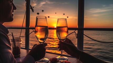 glasses of wine on cafe table,romantic couple sit and relax  on beach at sea on sunset  and drink  white wine blurred sea water ,ship in port,  summer resort ,holiday vacation  nevening,generated ai