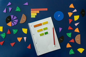 Wall Mural - School stationery, fractions on blue background. Back to school, fun education concept. Set of supplies for mathematics and for school. Close up