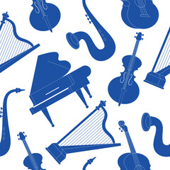 Seamless pattern with musical instruments silhouette isolated on white background. Set of piano, guitar, cello, harp, saxophone. Strings, brass, winds. Vector illustration in flat modern cartoon style