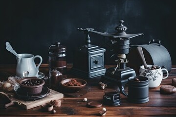 Wall Mural - wooden table with various types of coffee cups and beans. Generative AI