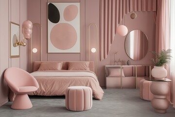 Poster - cozy pink-themed bedroom. Generative AI