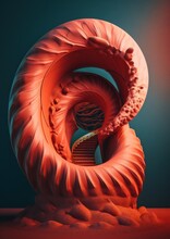 A Surral Composition, Red Sculpture With A Spiral Design On Top Of It. AI Generative Image.