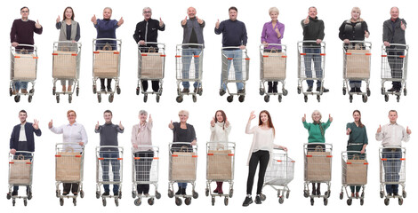 Wall Mural - group of people with shopping cart showing thumbs up