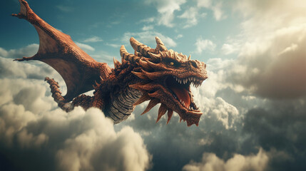 fantasy dragon against a blue sky with clouds.generative ai