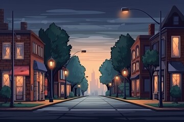 Sticker - Dark City Street at Night with Illuminated Street Light. Generative AI