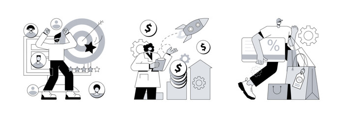 Poster - Customer engagement abstract concept vector illustration set. Lead management, boost sales plan, discount and loyalty card, customer service, digital marketing strategy, promo abstract metaphor.