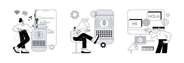 Fototapete - voice assistant abstract concept vector illustration set. smart speaker apps development, voice cont