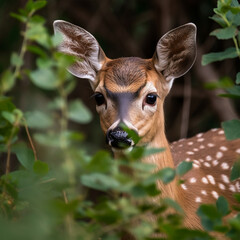 Wall Mural - A fawn looking through bushes, made with generative AI