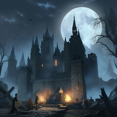 Wall Mural - A dark gothic city with mist at night, made with generative AI