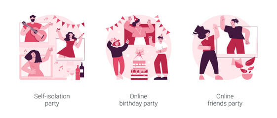 Poster - Virtual communication abstract concept vector illustration set. Self-isolation party, online birthday, online friends meeting, video call, quarantine fun, coronavirus outbreak abstract metaphor.