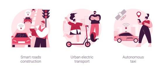 Poster - IoT city transport abstract concept vector illustration set. Smart roads construction, urban electric transport, autonomous taxi, rental electric bikes, on demand car service abstract metaphor.