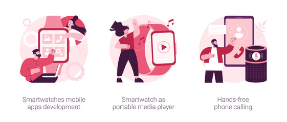 Poster - Wearable devices abstract concept vector illustration set. Smartwatches mobile apps development, smartwatch as portable media player, hands-free phone calling, voice command calls abstract metaphor.