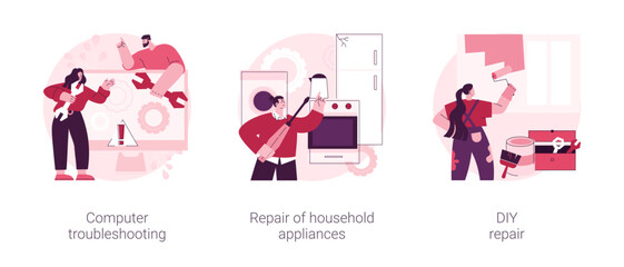 Poster - Repair and maintenance services abstract concept vector illustration set. Computer troubleshooting, DIY repair of household appliances, warranty, video tutorial, problem fix abstract metaphor.