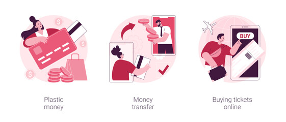 Poster - Electronic transactions abstract concept vector illustration set. Plastic money, money transfer, buying tickets online, credit and debit card, online cashback service, shopping abstract metaphor.