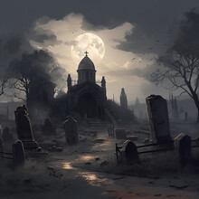 A Creepy Graveyard With A Full Moon, Made With Generative AI