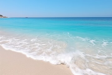 Poster - picturesque sandy beach with crystal-clear blue water and bright sunshine. Generative AI