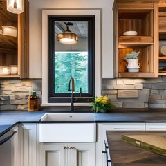 Wall Mural - 3 A cozy, rustic kitchen with a mix of wooden and stone finishes, a classic farmhouse sink, and a mix of open and closed storage1, Generative AI