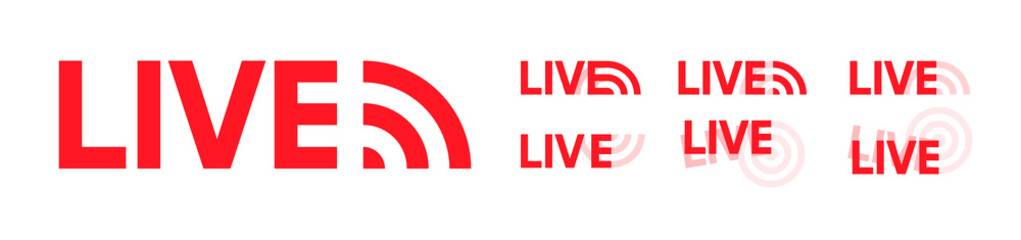 Poster - Set of live streaming icons. Red symbols and buttons of live streaming, broadcasting, online stream. Lower third template for tv, shows, movies and live performances. Vector 10 eps.