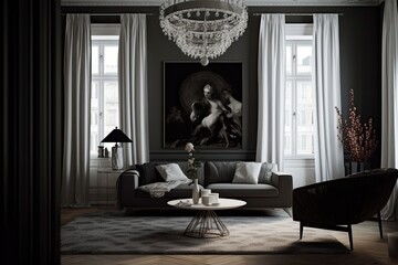 Wall Mural - cozy living room with elegant furniture and a sparkling chandelier. Generative AI