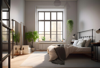 Wall Mural - the interior of a bright Scandinavian style bedroom with lots of indoor plants. Generative ai