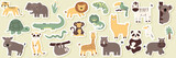 Fototapeta Fototapety na ścianę do pokoju dziecięcego - Vector seamless pattern with lion, toucan, parrot, crocodile, zebra, elephant, sloth.Tropical jungle cartoon creatures.Cute natural pattern for fabric, childrens clothing,textiles,wrapping paper.