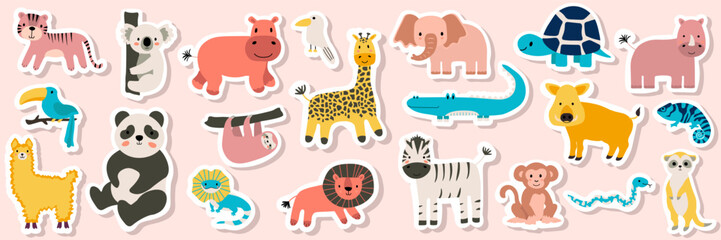 vector seamless pattern with lion, toucan, parrot, crocodile, zebra, elephant, sloth.tropical jungle