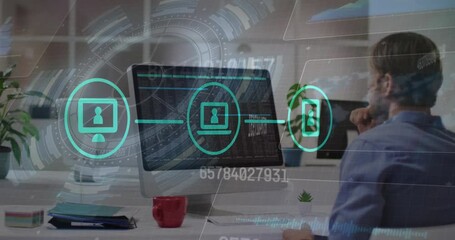 Poster - Animation of network of icons and data processing over caucasian businessman in office