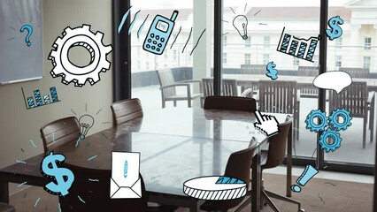 Poster - Animation of multiple digital icons against empty meeting room at office
