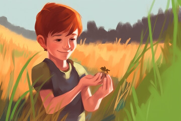 Sticker - A boy in a field of tall grass holding a flower. AI generative image