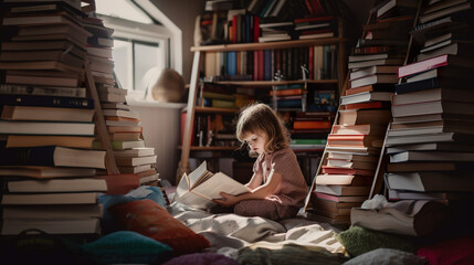 Canvas Print - A little girl sitting on a bed reading a book. AI generative image